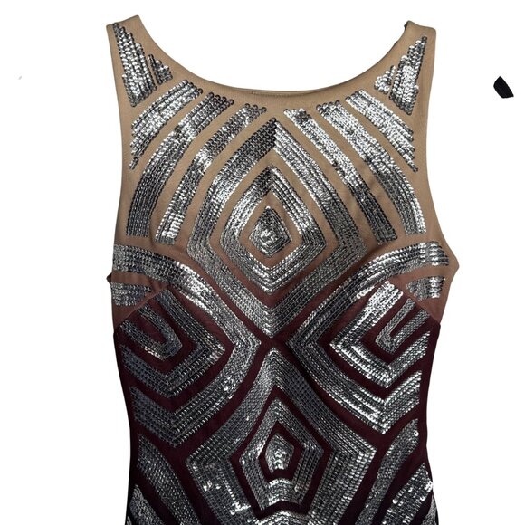 Bebe XXS Bodycon Brown Ombré Dress Geometric Silver Sequence Pattern Back CutOut - Picture 3 of 13